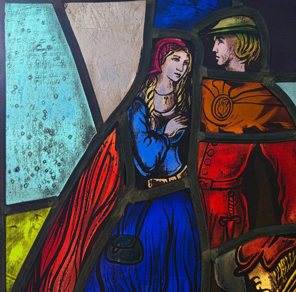 15" Tall Vintage Belgian/Flanders Stained/Leaded Glass Panel of Thyl and Nele
