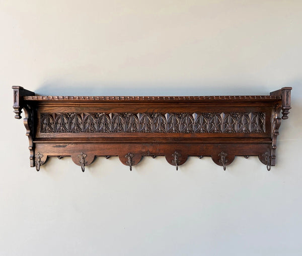 52" Antique Gothic French Solid Oak Coat Rack Hall Tree Wood Shelf w/Iron Hooks