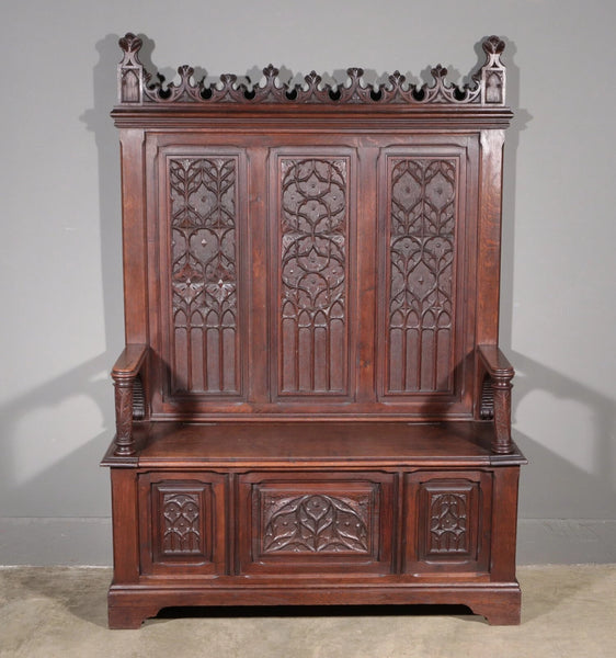 72" Tall Antique French Gothic Revival Oak Wood Bench/Settee/Chair Highly Carved