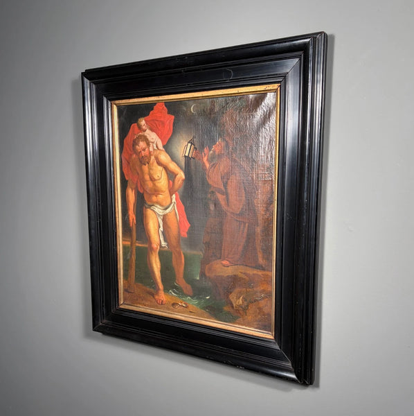 Antique Oil Painting St Christopher After Peter Paul Ruben's Triptych by Hauph