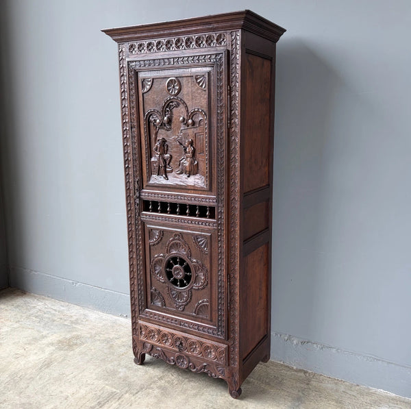 71" Tall French Antique Breton Cabinet in Solid Chestnut Wood w/Carved Figures