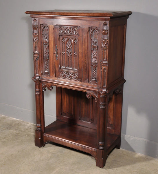 Antique French Gothic Revival Cabinet/Bar Cabinet in Highly Carved Chestnut Wood