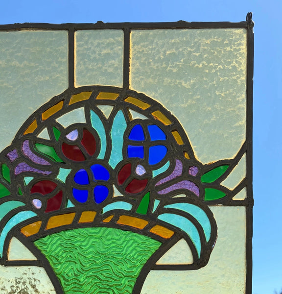 15" Tall Antique French Art Deco Stained/Leaded Glass Panel of Flowers