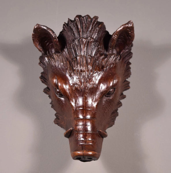 Large 10" Antique Decorative Carved French Hunting Boar's Head in Solid Walnut