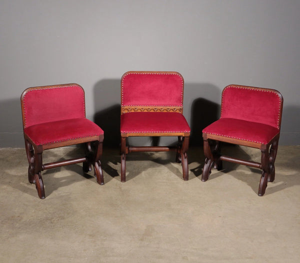 Antique Gothic Priest's Pulpit/Sanctuary Chair Set In Solid Oak and Red Velvet