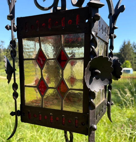 27" French Antique Gothic Iron & Stained Glass Hanging Chandelier/Pendant Lamp