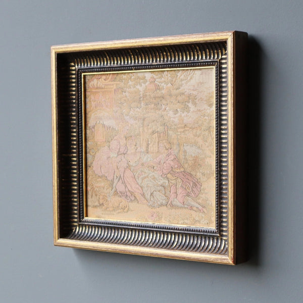 12" Antique French Framed Tapestry of a Courting Scene in Rococo Style