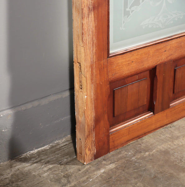 87" Tall Pair of Antique French Etched Glass Windows Frosted Glass with Flowers