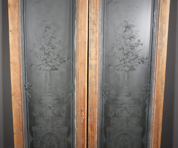 88" Tall Pair of Antique French Etched Glass Windows Frosted Glass with Flowers