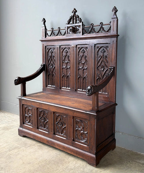 Antique French Gothic Revival Oak Wood Bench/Settee/Chair Highly Carved
