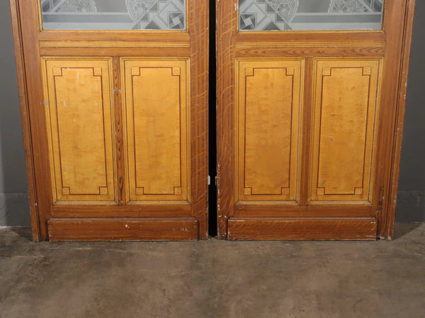 Pair of Antique French Art Deco Etched Glass Doors Frosted Glass w/Pine Frames