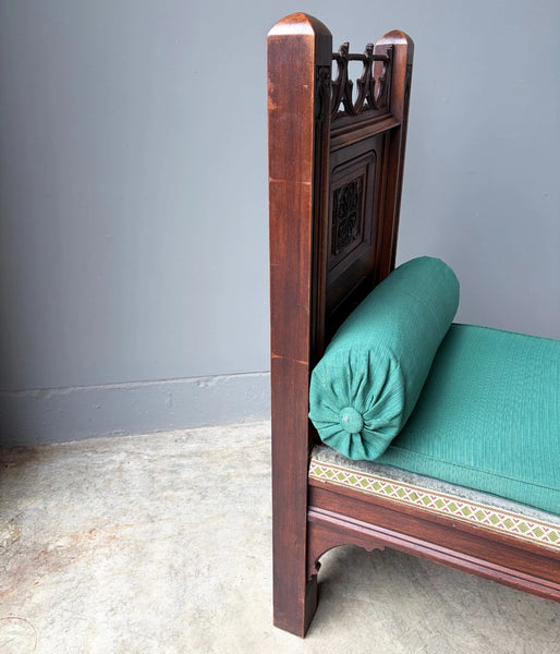 74" Long French Antique Neo Gothic Day Bed Solid Walnut with Green Silk Cushions