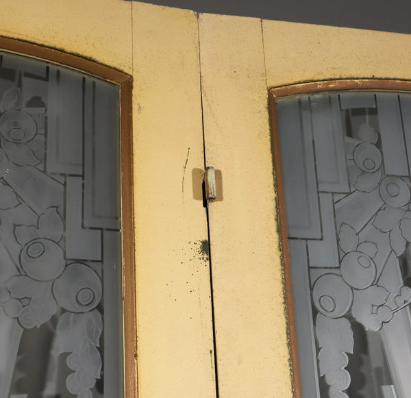 Pair of French Art Deco Etched Glass Doors Frosted Glass with Pine Frames