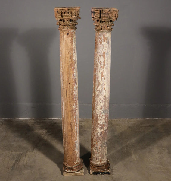 Antique French Solid Oak Highly Carved Corinthian Fireplace Side Pillars Rustic
