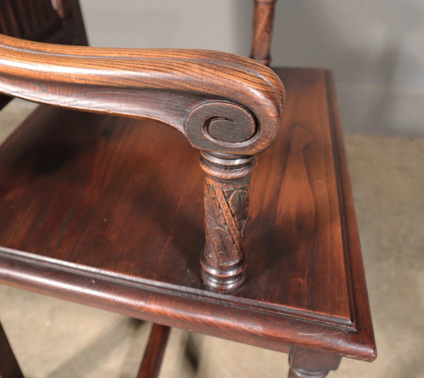 French Antique Gothic Revival Desk with Chair in Solid Carved Chestnut Wood