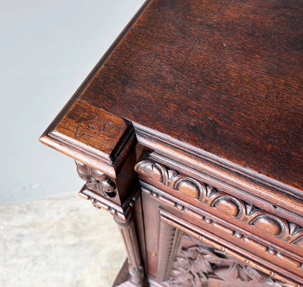 French Antique Solid Oak Wood Cabinet with Highly Carved Virgin Mary Door
