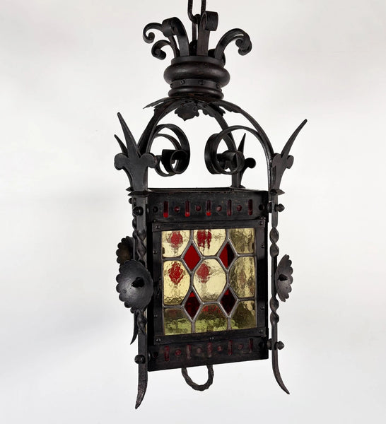 27" French Antique Gothic Iron & Stained Glass Hanging Chandelier/Pendant Lamp