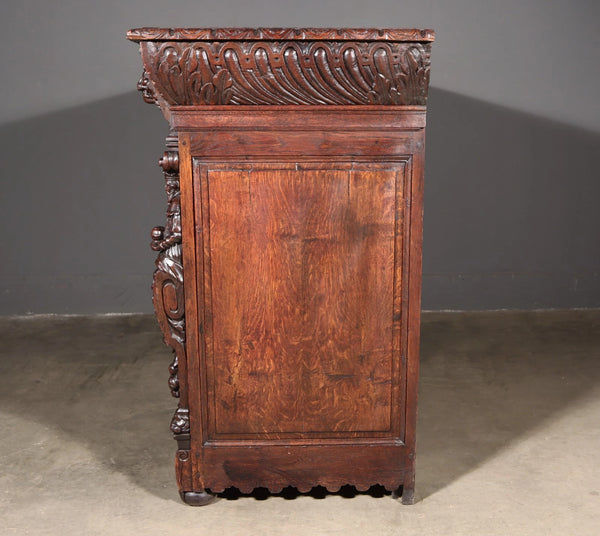 1700's Antique French Renaissance Sideboard in Solid Wood Oak Highly Carved