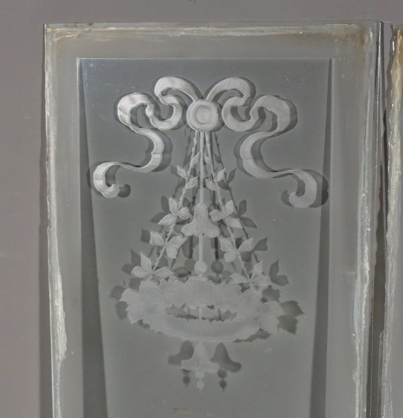 56" Tall Pair of Antique French Etched Glass Windows Frosted Glass with Flowers