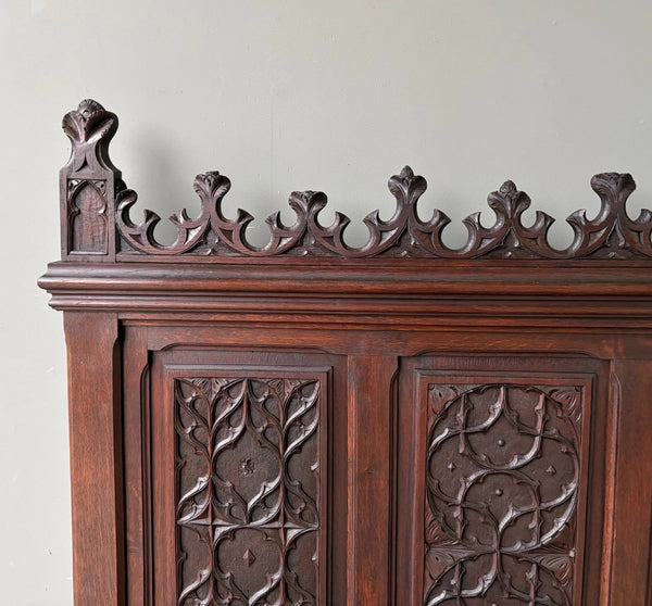 72" Tall Antique French Gothic Revival Oak Wood Bench/Settee/Chair Highly Carved