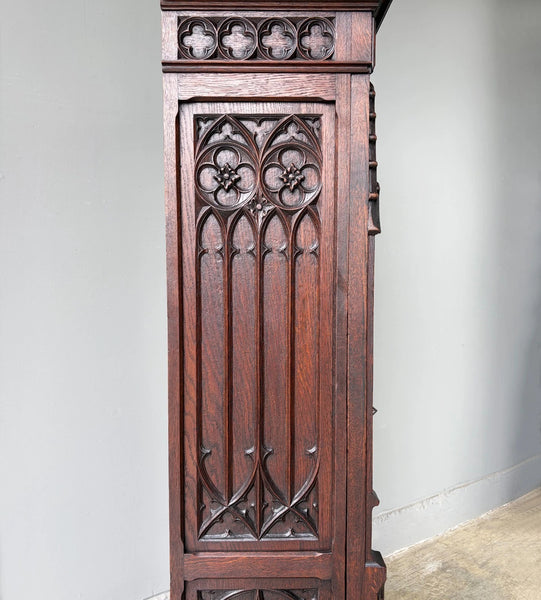67" Tall French Antique Gothic Cabinet in Solid Oak Highly Carved Wood
