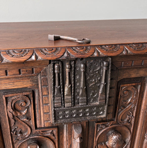 Antique French Renaissance Chest/Trunk/Sideboard Solid Oak w/Detailed Carvings