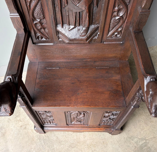 Late 1700's Antique French Gothic Throne Chair Bench/Settee/Chair Carved Oak