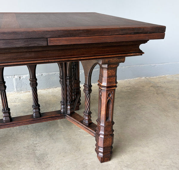 Vintage French Gothic Dining Table in Solid Oak Wood with Highly Detailed Base