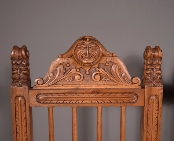 Pair of Antique Renaissance Revival Arm Chairs Solid Walnut Hand Carved Jesters