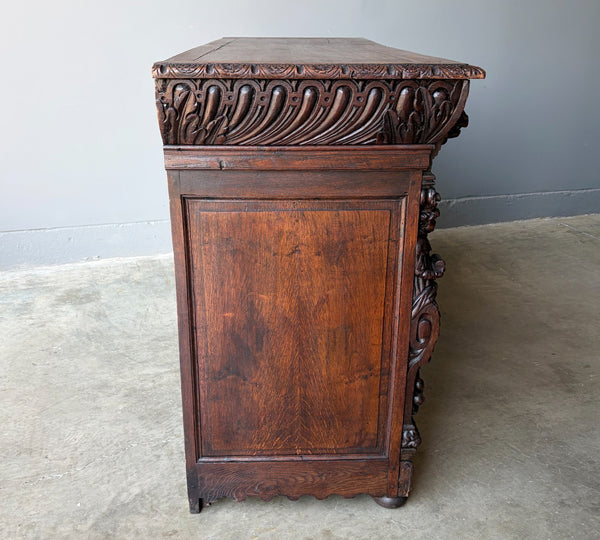 1700's Antique French Renaissance Sideboard in Solid Wood Oak Highly Carved