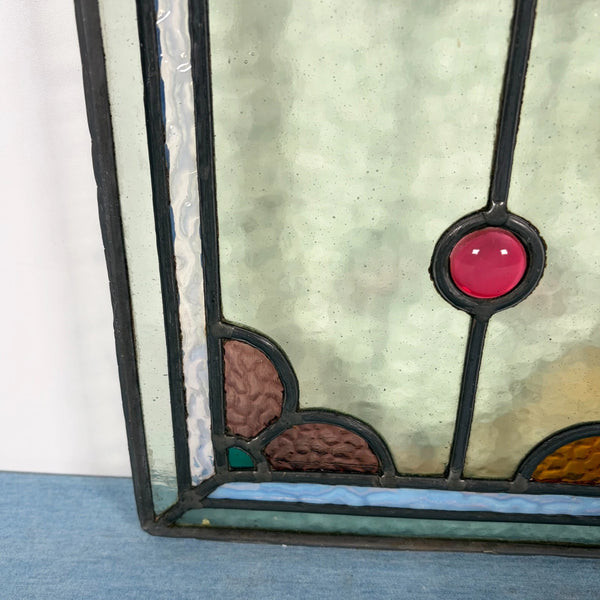 38" Tall Antique French Stained/Leaded Glass Panel w/Griffin and Uranium Glass
