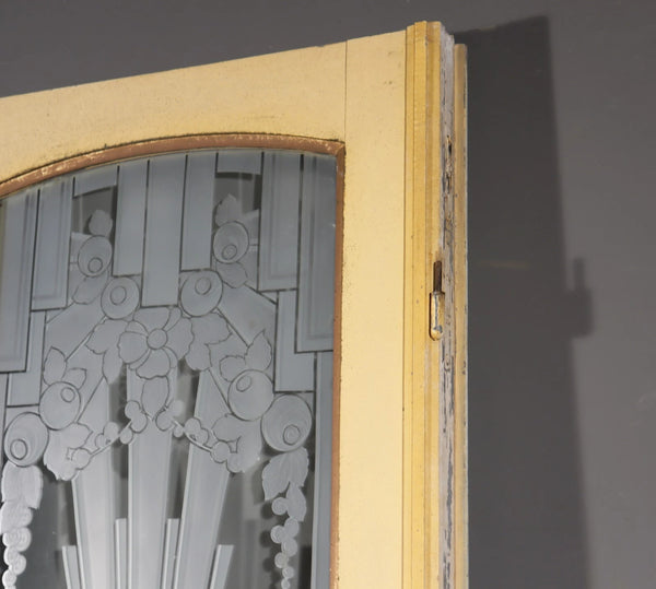 Pair of French Art Deco Etched Glass Doors Frosted Glass with Pine Frames