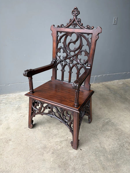French Antique Gothic Revival Walnut Arm Chair Carved Wood Desk Chair