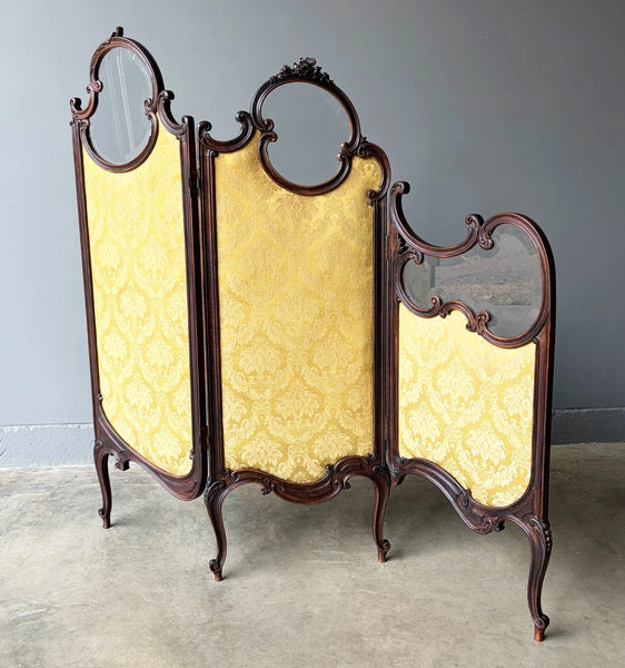 61" Tall Antique French Louis XV Rococo Tri-Fold Screen with Beveled Glass