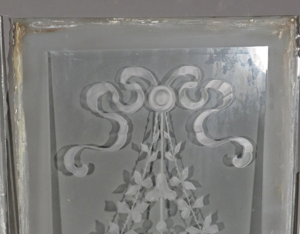 56" Tall Pair of Antique French Etched Glass Windows Frosted Glass with Flowers