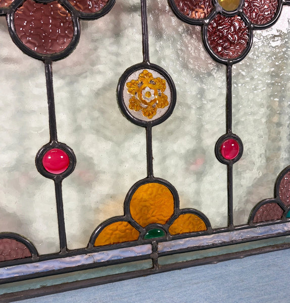 38" Tall Antique French Stained/Leaded Glass Panel w/Griffin and Uranium Glass