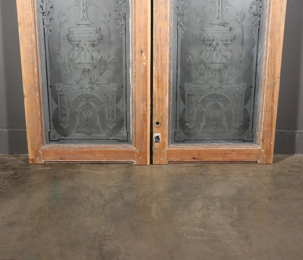 88" Tall Pair of Antique French Etched Glass Windows Frosted Glass with Flowers