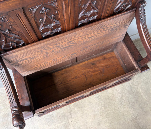 Antique French Gothic Revival Oak Wood Bench/Settee/Chair Highly Carved
