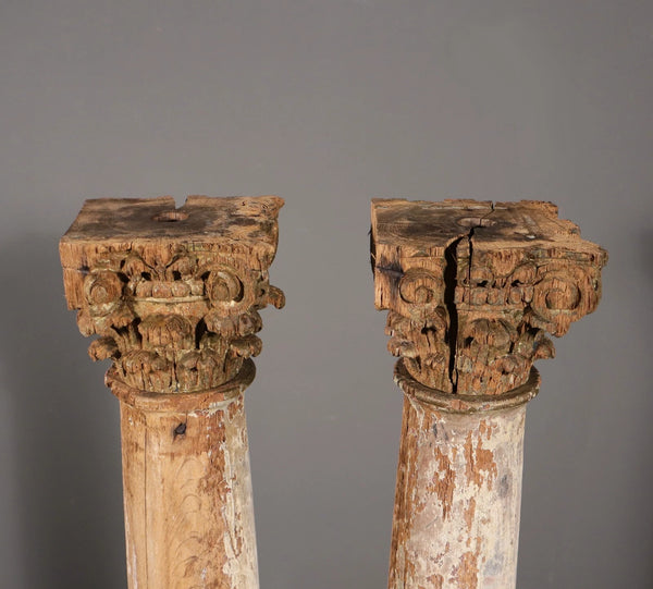 Antique French Solid Oak Highly Carved Corinthian Fireplace Side Pillars Rustic