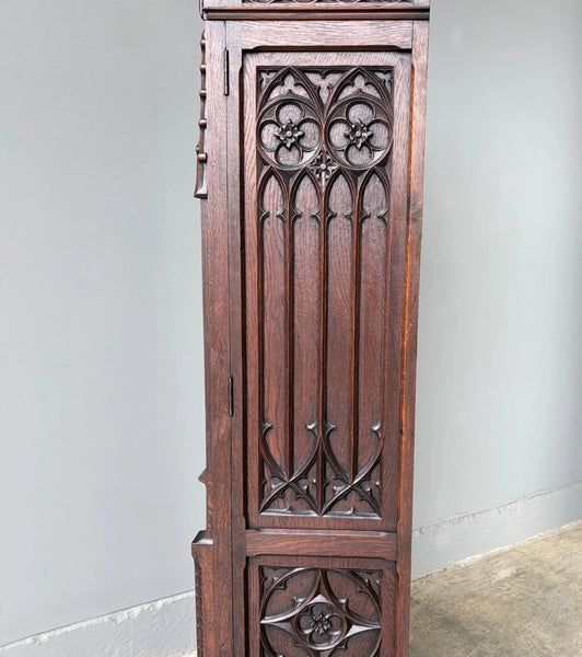 67" Tall French Antique Gothic Cabinet in Solid Oak Highly Carved Wood