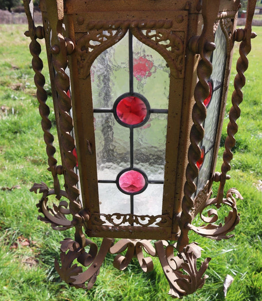 36" Tall XL French Antique Iron and Stained Glass Hanging Chandelier/Lamp