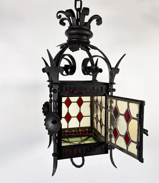27" French Antique Gothic Iron & Stained Glass Hanging Chandelier/Pendant Lamp