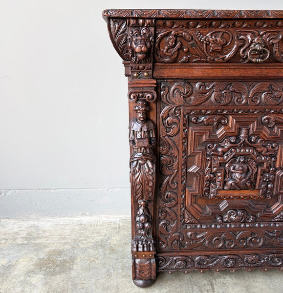 1700's Antique French Renaissance Sideboard in Solid Wood Oak Highly Carved