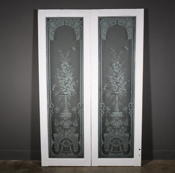 88" Tall Pair of Antique French Etched Glass Windows Frosted Glass with Flowers