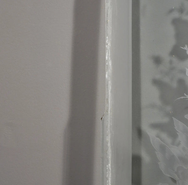 56" Tall Pair of Antique French Etched Glass Windows Frosted Glass with Flowers