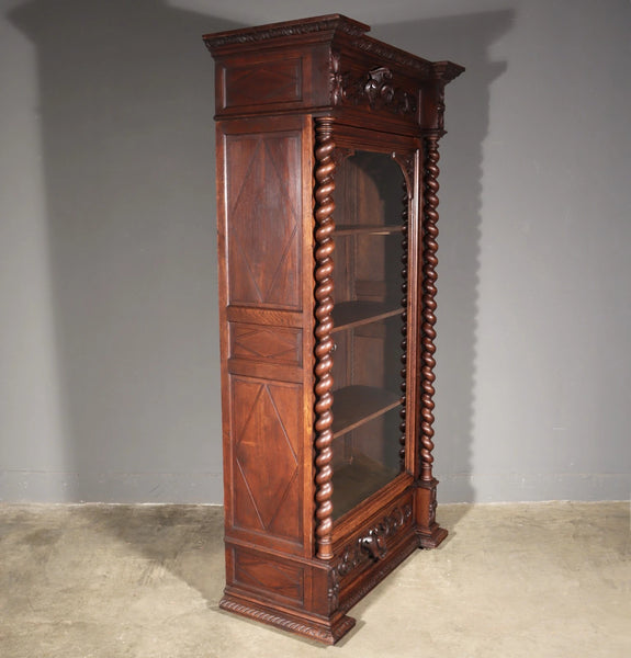 88" Tall French Antique Solid Oak Wood Bookcase/Display Case/Cabinet Carved