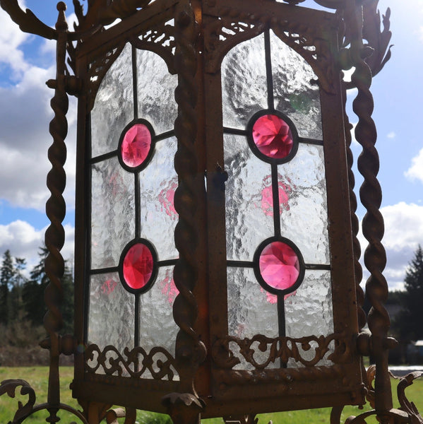 36" Tall XL French Antique Iron and Stained Glass Hanging Chandelier/Lamp