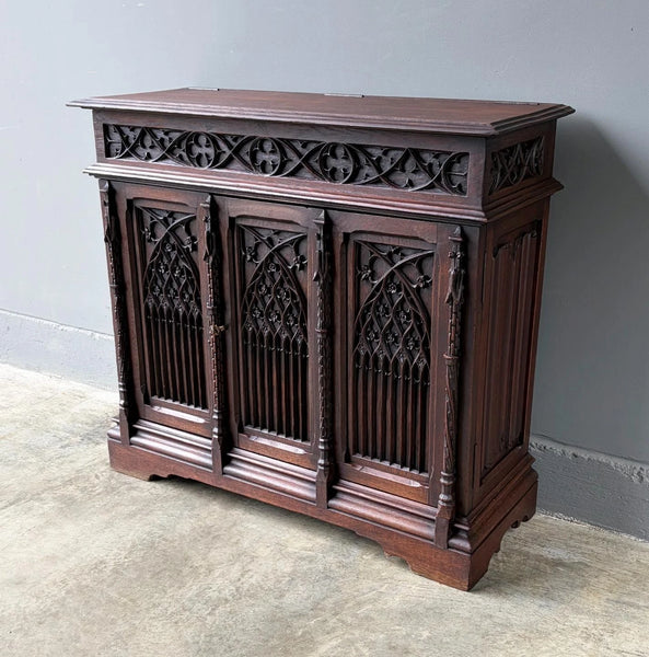 Antique French Gothic Revival Cabinet/Console/Sideboard, Highly Carved Oak