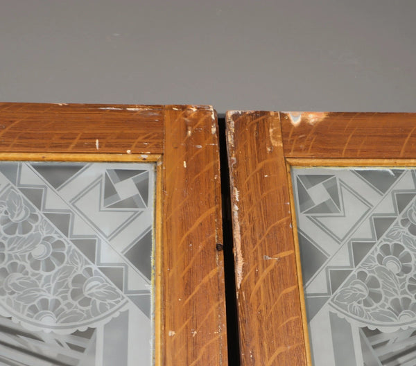Pair of Antique French Art Deco Etched Glass Doors Frosted Glass w/Pine Frames