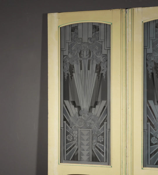 Pair of French Art Deco Etched Glass Doors Frosted Glass with Pine Frames